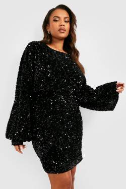 Plus Oversize Pailletten-Minikleid Mit Blouson-Ärmeln - Black - 46, Black von boohoo