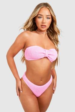 Premium Bandeau-Bikini In Knitteroptik Mit Knoten - Pink - 34, Pink von boohoo