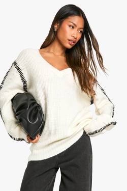 Premium Pullover Mit V-Ausschnitt Und Kontrast-Detail - Ecru - M, Ecru von boohoo