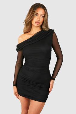 Einärmliges Gerafftes Mesh-Minikleid - Black - 34, Black von boohoo