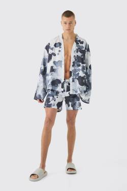 Mens Kimono-Hemd & Badehose mit abstraktem Print - Schwarz - XL, Schwarz von boohooman