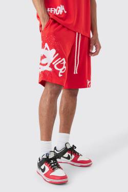 Mens Basketball Mesh Worldwide Graffiti Shorts - Rot - XS, Rot von boohooman