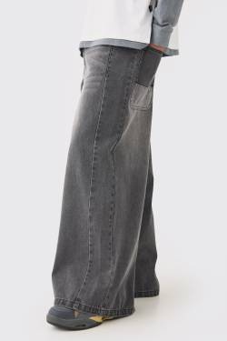 Mens Extreme Wide Fit Jeans In Washed Black - Schwarz - 30R, Schwarz von boohooman