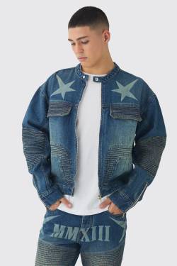 Mens Kastige Denim Bikerjacke mit Moto Stern Laser-Print - Blau - L, Blau von boohooman