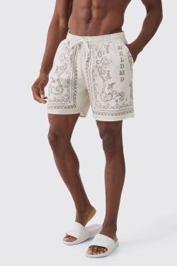 Mens Mittellange Barock-Badehose - Ecru - XL, Ecru von boohooman