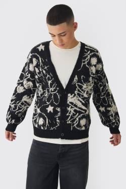 Mens Kastiger Oversize Jacquard-Cardigan - Schwarz - L, Schwarz von boohooman