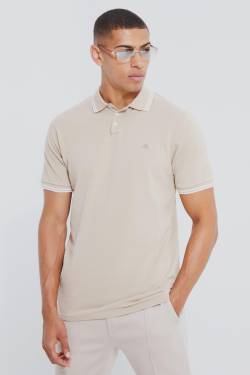 Mens Pique Poloshirt mit Kronen-Stickerei - Taupe - XL, Taupe von boohooman