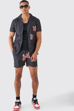 Mens Kurzärmliges Hemd mit Wolken-Print & Badehose - Schwarz - XL, Schwarz von boohooman