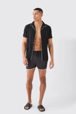 Mens Kurzärmliges Hemd mit Paspeln & Badehose - Schwarz - L, Schwarz von boohooman