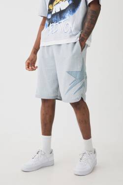 Tall mittellange strukturierte Basketball-Shorts mit Sternen-Stickerei - Grau - XL, Grau von boohooman