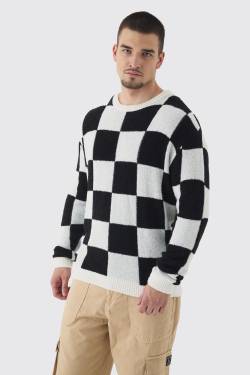 Tall karierter Bouclee Strick-Pullover mit Rundhals-Ausschnitt - Schwarz - L, Schwarz von boohooman