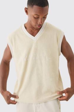 Mens V Neck Limited Edition Toweling jumper Vest - Beige - M, Beige von boohooman