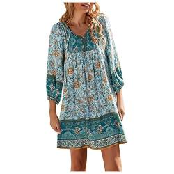 Sommerkleid Damen Boho Tunika Kleid Cover up Strandkleid 3/4 Ärmel Strandtunika V-Ausschnitt Blumenkleid Elegant A Linie Kurz Kleid Sommer Kleider Casual Lose Freizeitkleid T-Shirt Kleid von boseucn