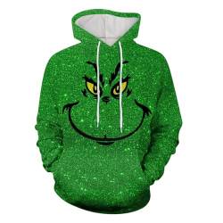 boseucn Weihnachten Kapuzenpullover Damen Grinch Grün Kordelzug Hoodie Ugly 3D Lustig Drucken Langarm Pullover Sweatshirt mit Kapuze Winter Oversize Tops Festlich Kapuzenpulli Streetwear Sweatjacke von boseucn