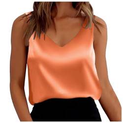 callmo Damen Satin Tank Top Strap Basic Cami Sommer Weste Shirt Lässiges V-Ausschnitt Cami Ärmellose Blusen Casual Tank Bluse Shirt Seidentop Spitzentop Damen Unterhemden Orange S von callmo