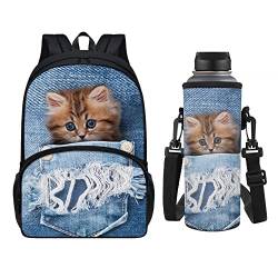 chaqlin Personalisiertes Rucksack-Set für Jungen und Mädchen, 2-teiliges Tier-Schultaschen-Set für Kinder, Kleinkind, Wasserflaschen-Abdeckung, Schultertasche, Umhängetaschen, Pocket Denim Cat, Einheitsgröße, Schulranzen-Set von chaqlin