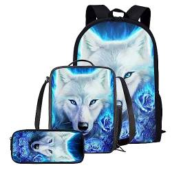 chaqlin Rucksack für Kinder, Jungen, Mädchen, Teenager, langlebig, 43,2 cm, Schulbüchertaschen, Wolfsdruck, Tierwolf, Blau, Einheitsgröße von chaqlin