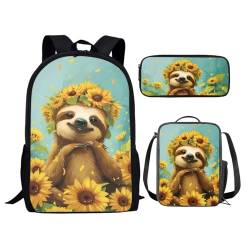 chaqlin Schultaschen-Set für Kinder, 3-teilig, Rucksack mit Lunchtasche, Federmäppchen, Tier, Dinosaurier, Wolf, Fußball, bedruckt, für Jungen und Mädchen, Sonnenblumen-Faultier, Einheitsgröße, von chaqlin