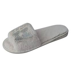 chhoioia Leoparden-Hausschuhe für Damen, Schleife, Strass, Slipper, flach, offen, Winterschuhe, Zehen, Damen-Slipper, beige, 37 EU von chhoioia