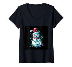 Damen Frohe Weihnachten Familie | Schneemann mit Weihnachtslichtern T-Shirt mit V-Ausschnitt von christmas Theme