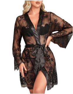 comeondear Morgenmantel Kimono Spitze Dessous Set Langarm Nachthemd mit Gürtel Robe Nachtmantel Babydoll Mesh Bademantel mit String Tanga Große Größen Reizwäsche (Schwarz XS-S/36-38) von comeondear