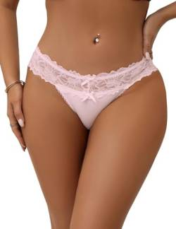 comeondear String Tanga Damen Spitze Sexy Unterhose Thong Slips Seamless Hipster Nahtlose Slips Stretch Unsichtbar Unterwäsche Höschen(Rosa,M-L) von comeondear