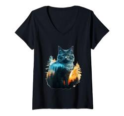 Damen Schwarze Katze, realistisch, niedliche Katze, Farbe, bunte Katze T-Shirt mit V-Ausschnitt von crazycat Kitten Meow Lovers Cat Silhouette Apparel