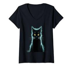 Damen Schwarze Katze, realistische Aquarellfarbe, niedliche Katze, Farbe, bunte Katze T-Shirt mit V-Ausschnitt von crazycat Kitten Meow Lovers Cat Silhouette Apparel