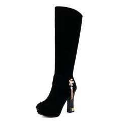 crazynekos Damen Kniehohe Blockabsatz Lange Stiefel Faux Wildleder Seite Reißverschluss Plattform Casual Mode Abend Hochzeit Schuhe, Schwarz , 39.5 EU von crazynekos