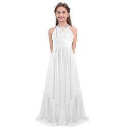 dPois Mädchen Festliches Kleid Abendkleid Maxikleid Neckholder Empire Kleid Festlich mit Strass Verziert aus Chiffon Unregelmäßig für Hochzeit Party Taufe Weiß 152/12 Jahre von dPois