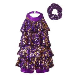 dPois Mädchen Tanzkleid Latein Salsa Kleid Neckholder Tanzanzug Pailletten Volantkleid Unitard Jumpsuit mit Shorts Haargummi Giltzernde Tanz Bühne Auftritt Kostüm Violett 134-140 von dPois