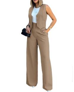 dalamirra Damen 2-teilige Hosenanzug Elegante V-Ausschnitt ärmellose Blazer Weste und Hose Business Anzug Breite Beine Formale Anzug Streetwear Mode 2-teilige Outfit Set von dalamirra