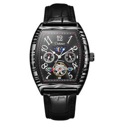 DAXIAOYU Vintage Tonneau Hohle Tourbillon Uhr für Herren Ziffernblatt Mondphase Automatische mechanische Armbanduhr Wasserdicht Casual Business Uhren, Schwarz-L, Luxuriös von daxiaoyu