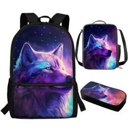 dfjjdhee 3-teiliges Rucksack-Set, 3D-Wolf-Schultasche und Lunchtaschen-Set für Jungen und Mädchen, Büchertasche, cooler Schulrucksack für Vorschule, Grundschule, Mittelschule, Kinder, Büchertasche, von dfjjdhee