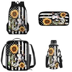 dfjjdhee Rucksack für Jungen und Mädchen, Kuh-Sonnenblumen-Druck, tragbare Schultasche, Doppelschulter-Lunch-Tasche und Federmäppchen, Wasserflaschen-Organizer, Reisetasche für Kinder, 4-teiliges Set, von dfjjdhee