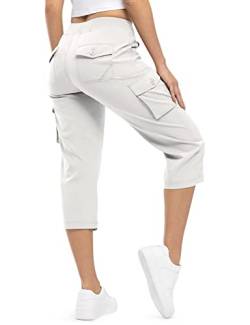 donhobo Damen Cargo Capris Hose mit 6 Taschen Leichte Schnell trocknende Outdoor Wanderhose Sommer Camping Casual Shorts Cropped Trekkinghose (Beige, S) von donhobo