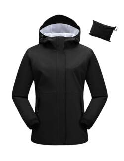 donhobo Damen Regenjacke Wasserdicht Leichte Packbar Outdoorjacke Funktionsjacke Atmungsaktiv Windbreaker Fahrrad Jacke mit Kapuze, Schwarz, S von donhobo