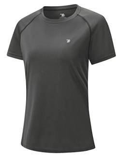 donhobo Damen Sport Fitness T-Shirt Kurzarm O-Ausschnitt Laufshirt Sommer Atmungsaktiv Schnelltrocknend Casual Sportshirt Running Traniningsshirts (Dunkelgrau, XS) von donhobo