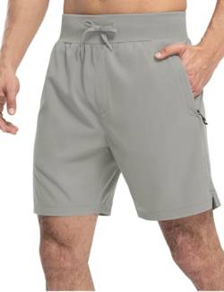 donhobo Sporthose Herren Kurz Laufhose High Waist Sport Shorts Atmungsaktiv Fitness Kurze Hose mit Reißverschlusstasch (Hellgrau, S) von donhobo