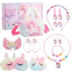 dusaniyali Einhorn Handtasche Mädchen, Einhorn Handtasche Schmuck Set Einhorn Kinderschmuck Einhorn Schlafmaske Einhorn Geschenke für Mädchen 4 5 6 7 8 9 10 Jahre Geburtstagsgeschenk von dusaniyali