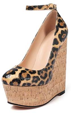 elashe Damen Keilabsatz Pumps Riemchen 6" Keilpumps Knöchelriemen Pumps Leopard EU39 von elashe