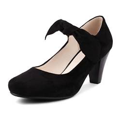 elerhythm Damen Bowknot Mary Jane Bow Retro Heels 1950er Vintage Faux Wildleder Geschlossene Runde Zehenpumpen 1920er Jahre Gatsby Büro Bequeme Bowtie Dressy Schuhe (Schwarz EU40) von elerhythm