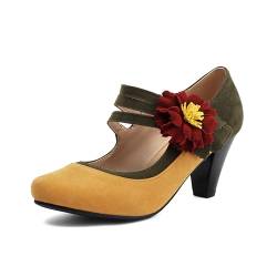 elerhythm Damen Mary Jane Blume Ankle Strap Vintage Heels Gatsby 1920er Jahre Pumps Geschlossene Runde Zehe 1950er Viktorianische Retro Schuhe (Gelb EU37) von elerhythm