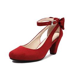 elerhythm Damen Mary Jane Bow Closed Toe Vintage Pumps Heels Gatsby Victorian 1920er Jahre Faux Wildleder Schuhe (Rot EU41) von elerhythm