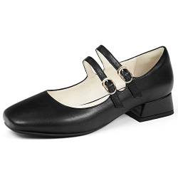 elerhythm Damen Mary Jane Square Closed Toe Casual mit doppeltem Knöchelriemen Flats Chunky Block Low Heel Schuhe (Schwarz EU39) von elerhythm