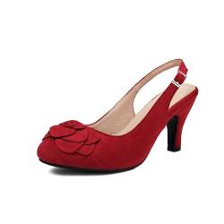 elerhythm Damen Mary Jane Vintage Slingback Verstellbare Riemen Blume Close Toe 1920er Jahre Gatsby Heels Retro 1950er Viktorianische Pumps Wildleder Schuhe (RED EU41) von elerhythm