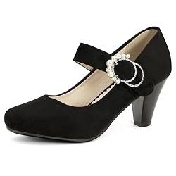 elerhythm Damen Mary Janes 1920er Jahre Retro Block Samt Heels Gatsby 1950er Vintage geschlossene runde Zehenpartie Perlenschnalle Knöchelriemen Pumps Schuhe (Schwarz EU37) von elerhythm