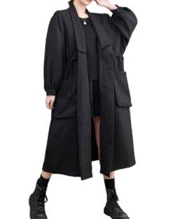 ellazhu Damen Funky Binden Tunika Trenchcoat mit Fronttaschen GZ66 Schwarz von ellazhu