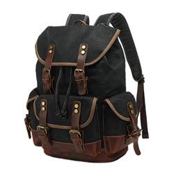 Lässige Daypacks Vintage Rucksack Leder-Wachspanner Schulter Rucksack Laptop Business Bookbag für Männer Schwarz von eurNhrN