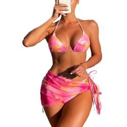 fdsmall Damen Bikini Set Niedrige Taille String Dreieck Bikini Rock 3-teilig Bikini Badeanzug Krawatte Färbung High-Cut Bademode Badehose (DE/NL/SE/PL, Alphanumerisch, XL, Regular, Regular, Pink 02) von fdsmall